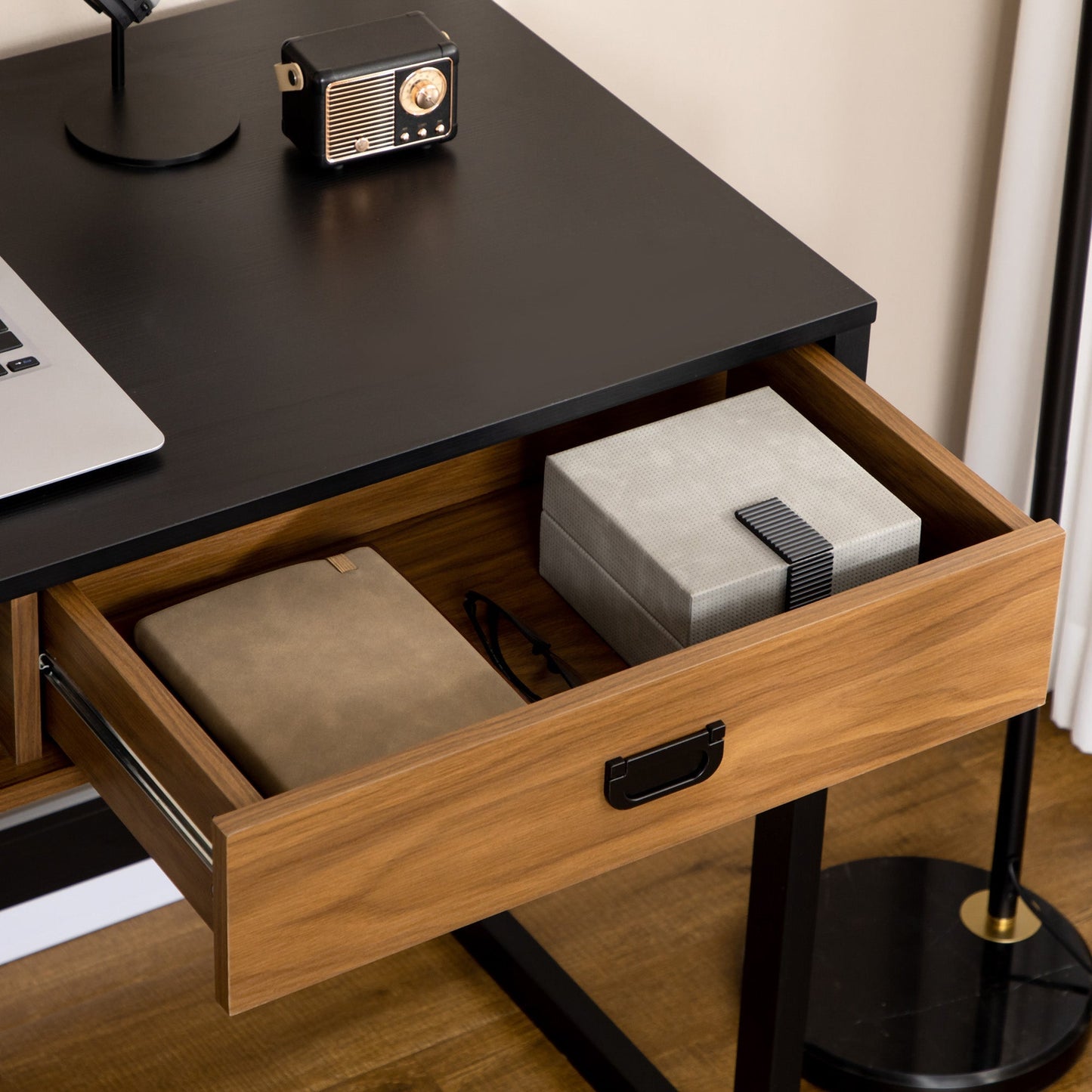 Industrial Style Bedroom and Office Desk with Drawer, 110x50x76cm, Walnut and Black