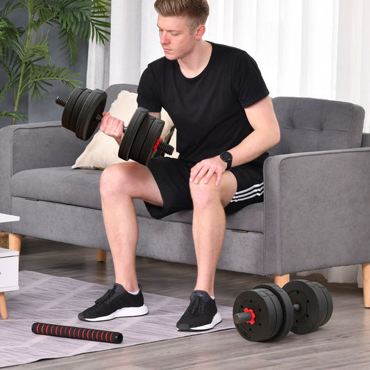 Set of 2 Non-Slip Dumbbells with 12 Weight Discs of 20 kg Total and Connector, in Steel, HDPE and Sand, Black