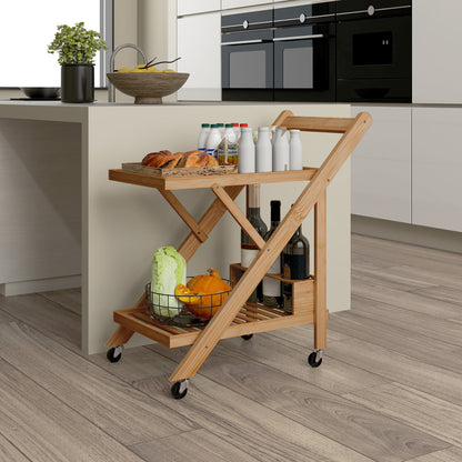 2-Tier Folding Kitchen Trolley with Bamboo Bottle Holder