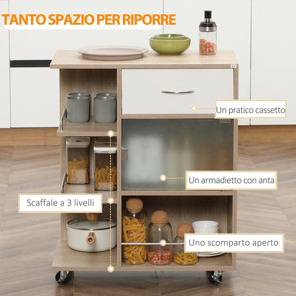 Kitchen Trolley Food Cart with Drawer, Shelves and Cabinet in Wood, Steel and Glass, 65x39x80cm