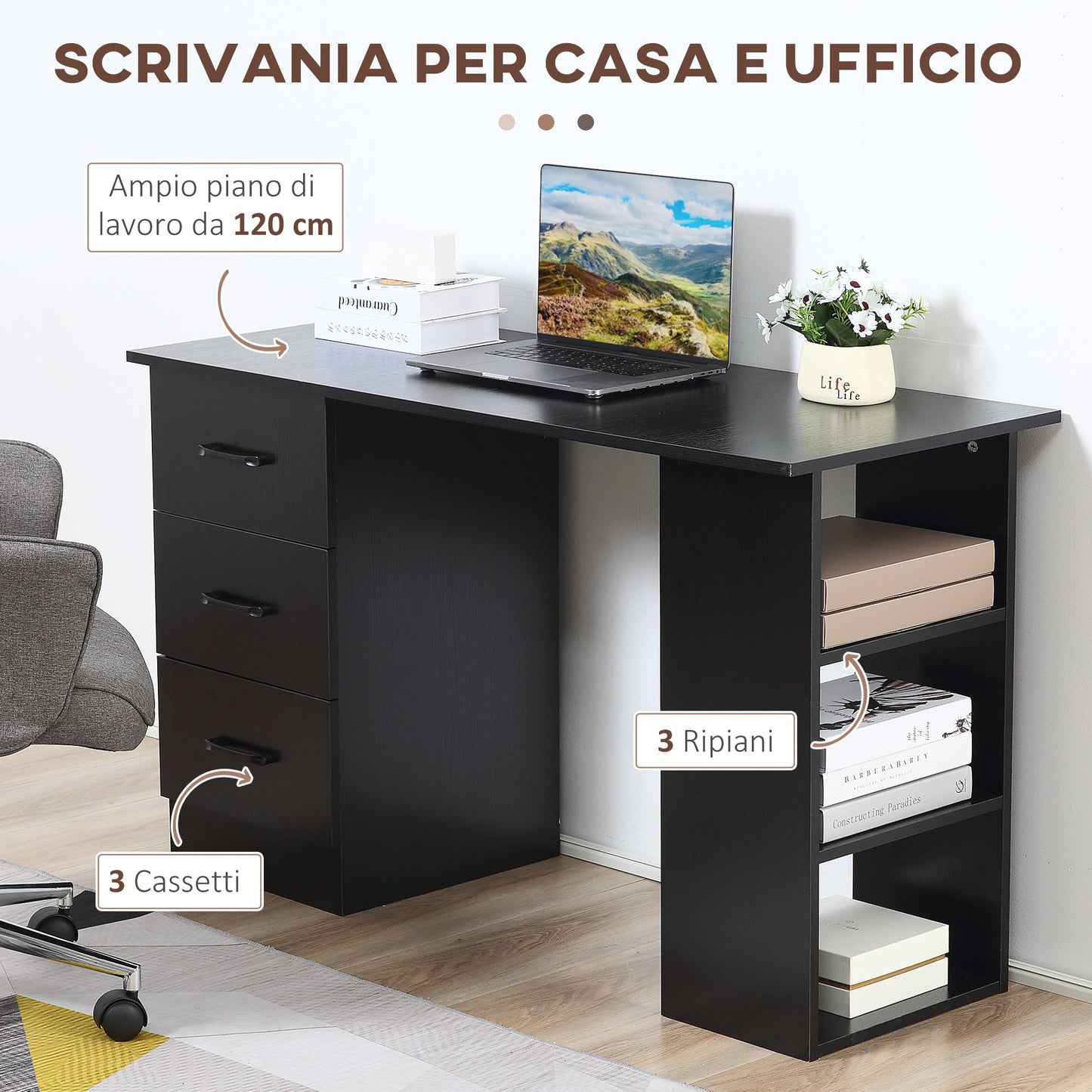 Modern Wooden Desk with 3 Drawers and 3 Shelves for Bedroom and Office, 120x49x72cm, Black
