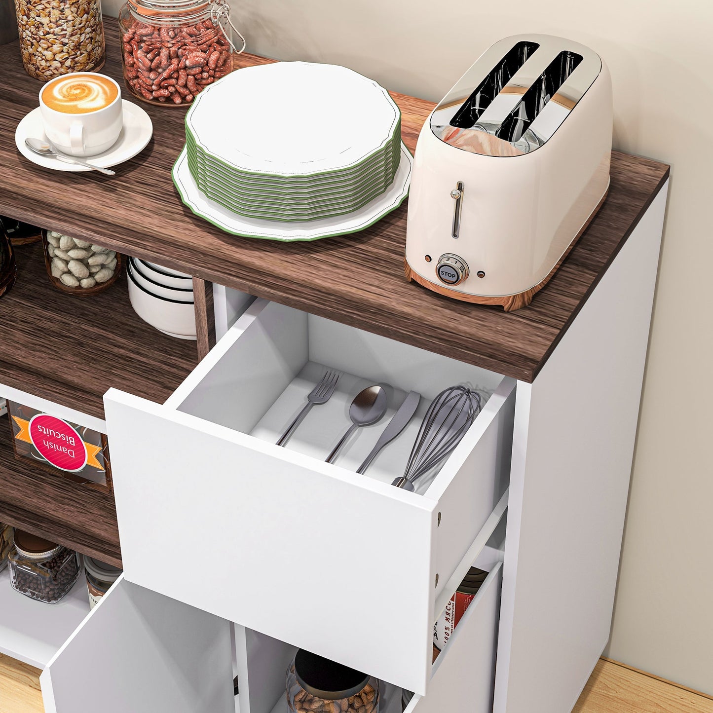 Modern Wooden Kitchen Sideboard with Cabinets, Drawer and Open Compartment, 105x39x83cm, White