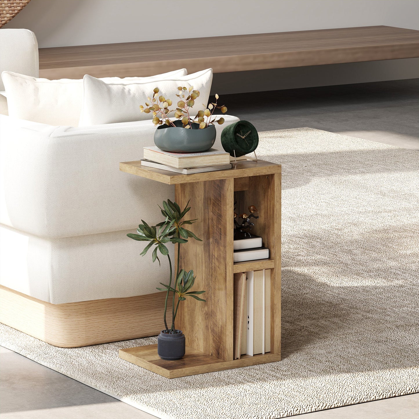 C-Shaped Coffee Table with 3 Shelves and 2 Open Compartments Space Saving, 40x30x60 cm, Brown