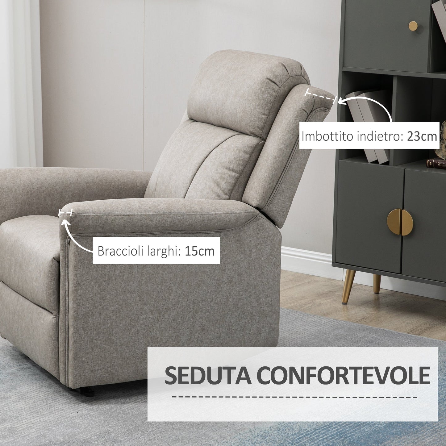 Manual Reclining Chair 135° with Footrest, Headrest and Padded Armrests, 78x96x102 cm, Grey