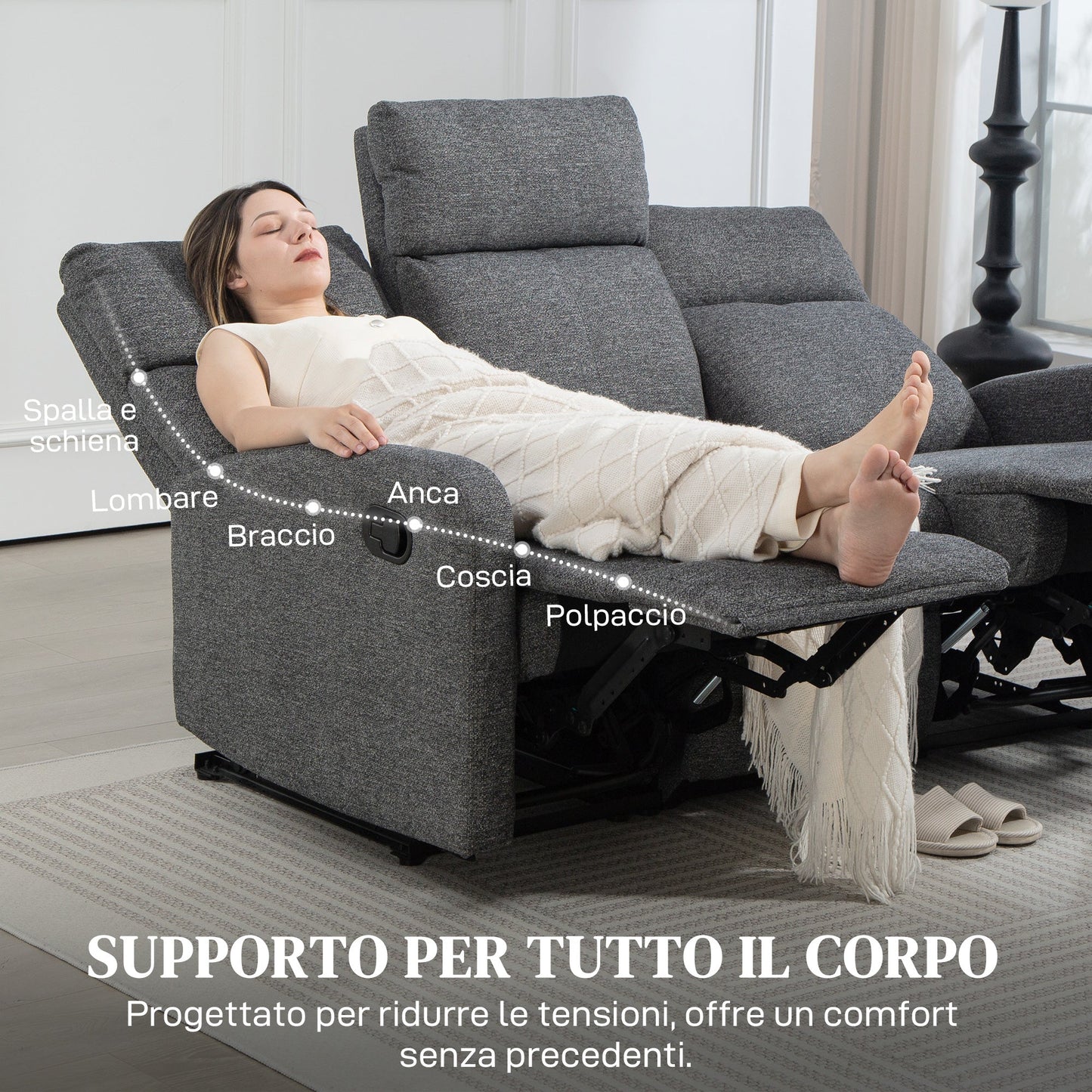 3-Seater Independently Reclining Sofa with Grey Chenille Upholstery, 179x91x98 cm