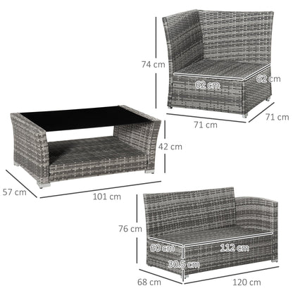 4-Piece PE Rattan Garden Furniture Set, Corner Sofa and Glass Coffee Table, Padded and Removable Cushions, Grey