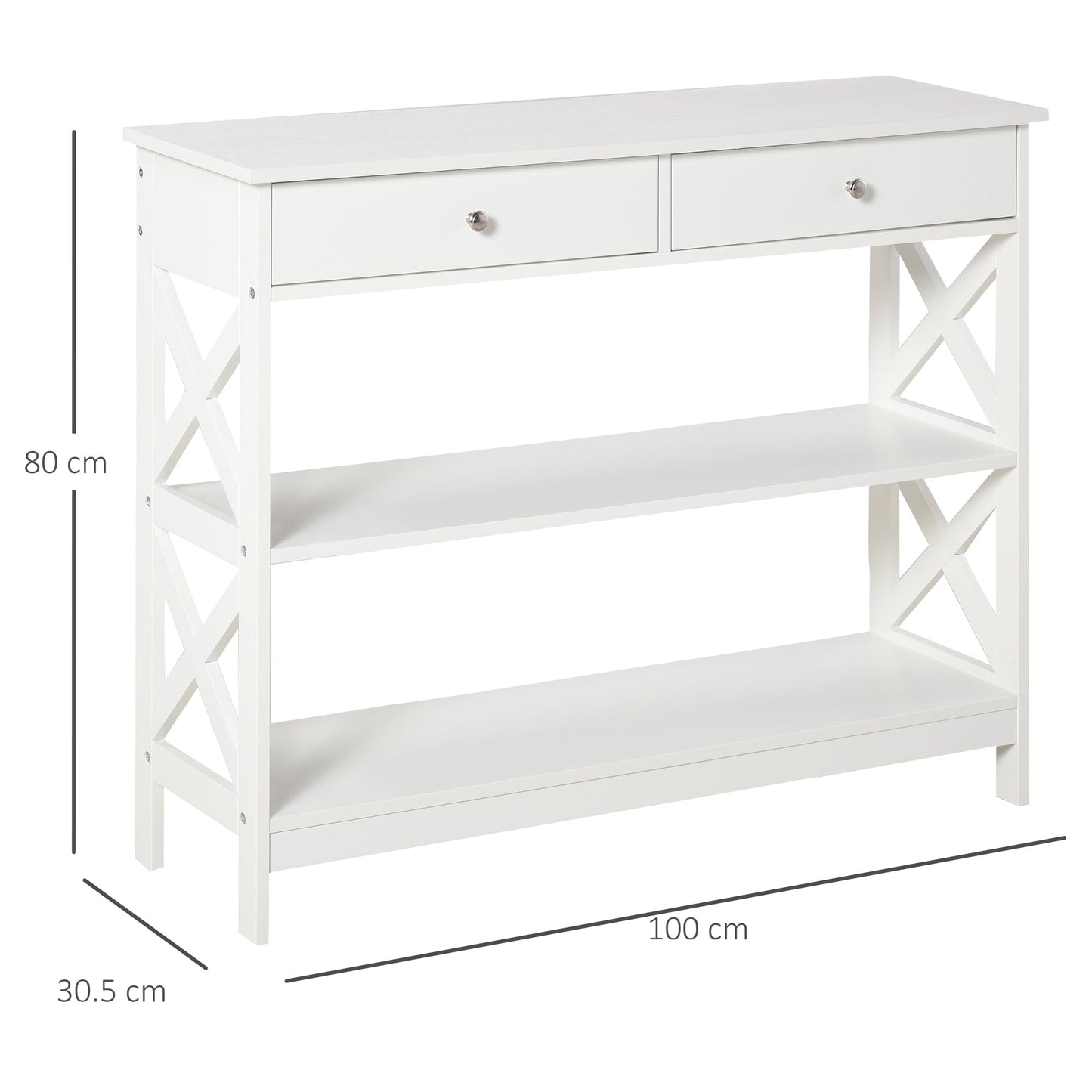 Console Table with 2 Drawers and 2 Shelves, Entrance and Living Room Furniture in MDF, 100x30.5x80cm, White