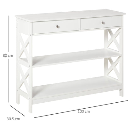 Console Table with 2 Drawers and 2 Shelves, Entrance and Living Room Furniture in MDF, 100x30.5x80cm, White