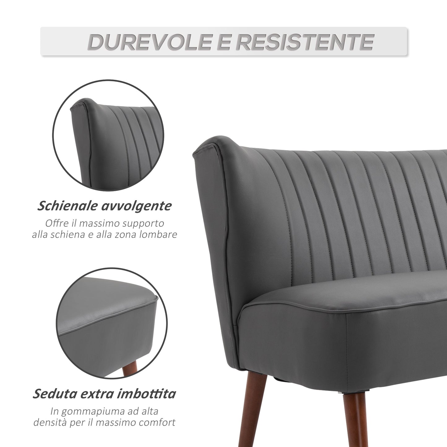 STELLE | Grey 2 Seater Sofa Grey Synthetic Leather with wooden legs