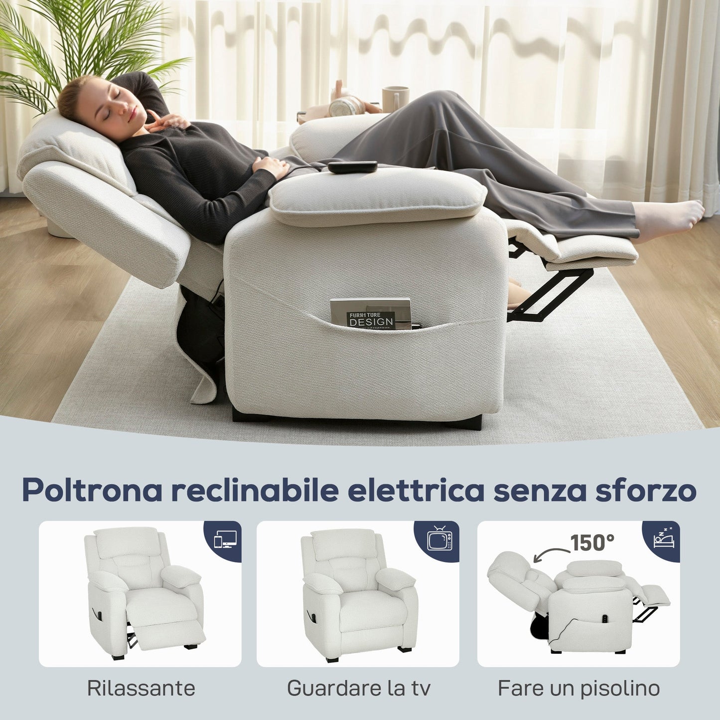 150° Reclining Velvet Armchair with Footrest, Remote Control and Side Pocket, 96x90x103 cm, Beige