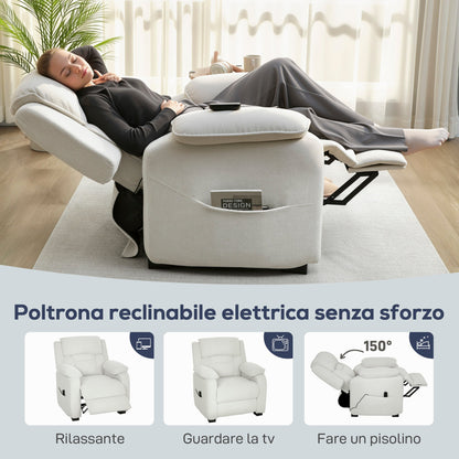 150° Reclining Velvet Armchair with Footrest, Remote Control and Side Pocket, 96x90x103 cm, Beige
