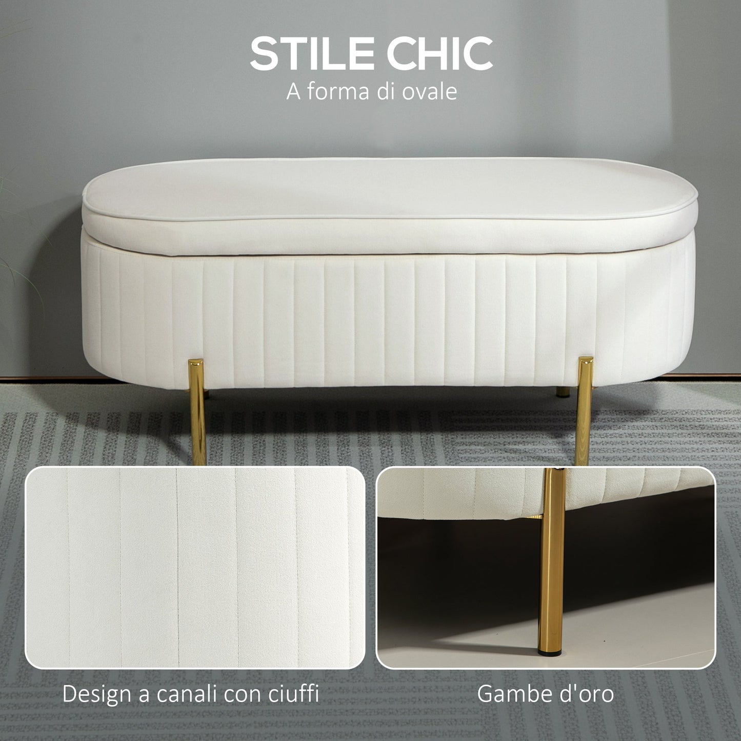 72L Oval Storage Bench with Lift-Top Lid, Velvet Fabric and Wood, 108x44x43.5 cm, Cream