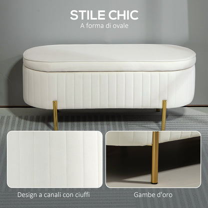 72L Oval Storage Bench with Lift-Top Lid, Velvet Fabric and Wood, 108x44x43.5 cm, Cream