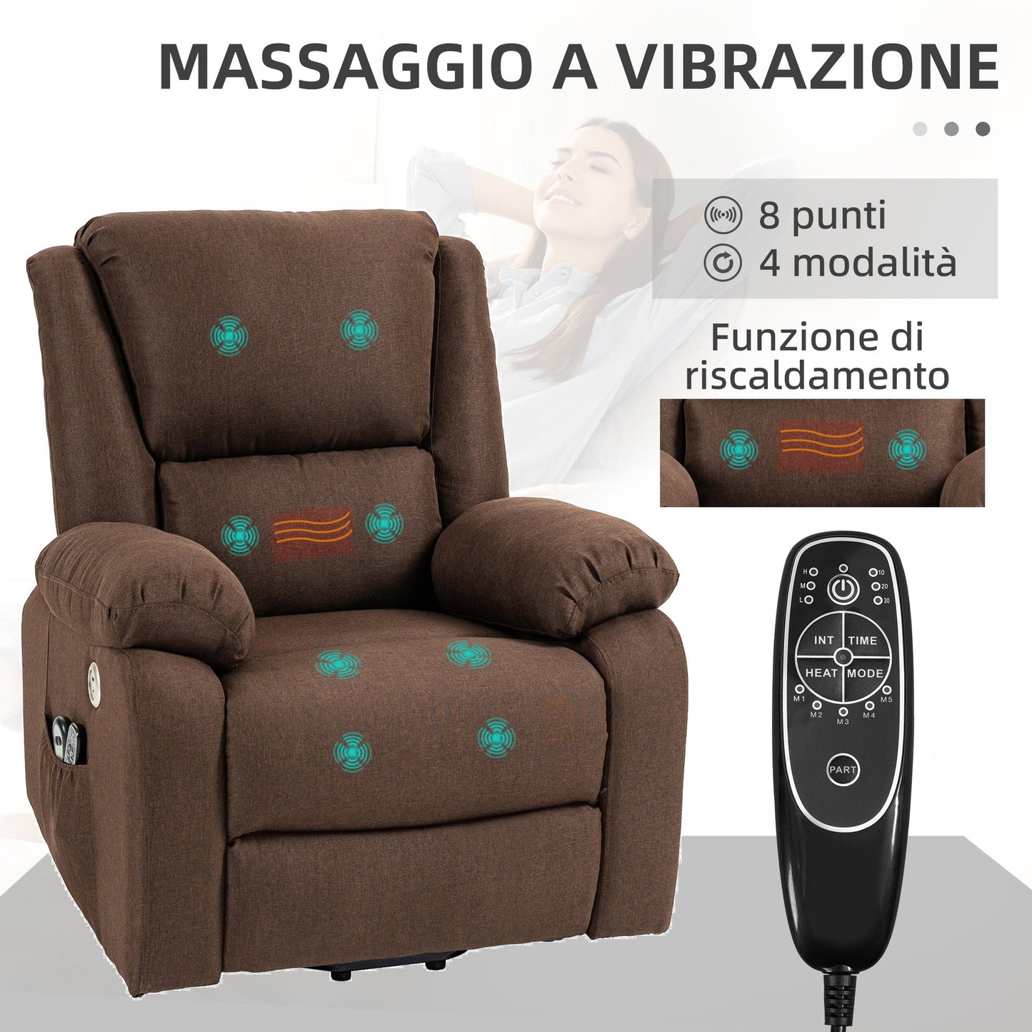 Reclining Lift Chair with Footrest, in Linen Effect Fabric, 87x92x105 cm, Coffee