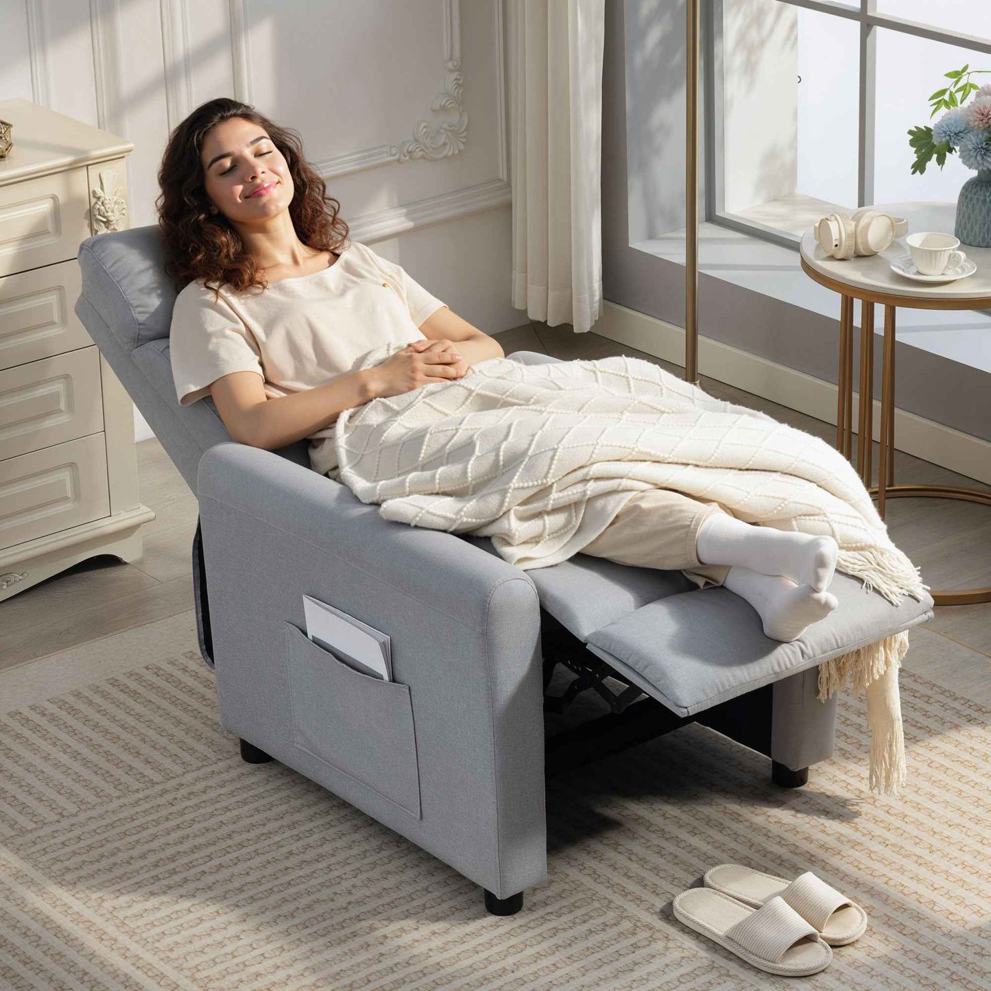 Reclining Chair 135° max in Linen Effect Fabric, Foam, Steel and Wood, 73x86x100 cm, Light