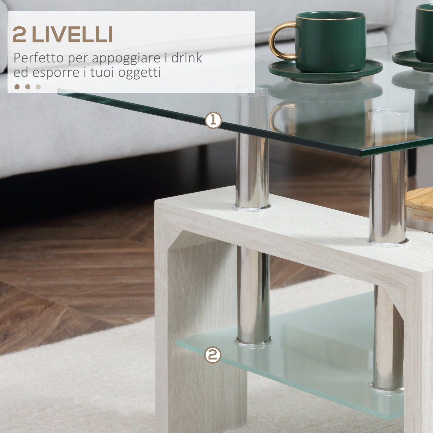 Modern coffee table with 2 levels in glass and wood, 90x50x42cm, white