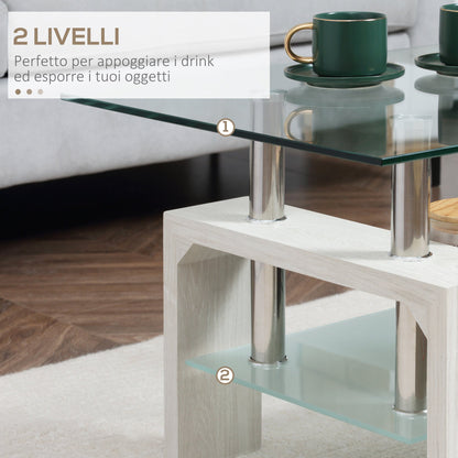 Modern coffee table with 2 levels in glass and wood, 90x50x42cm, white