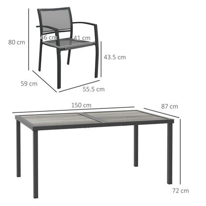 Garden Set with 6 Stackable Mesh Fabric Chairs and Wood Effect Table, Grey