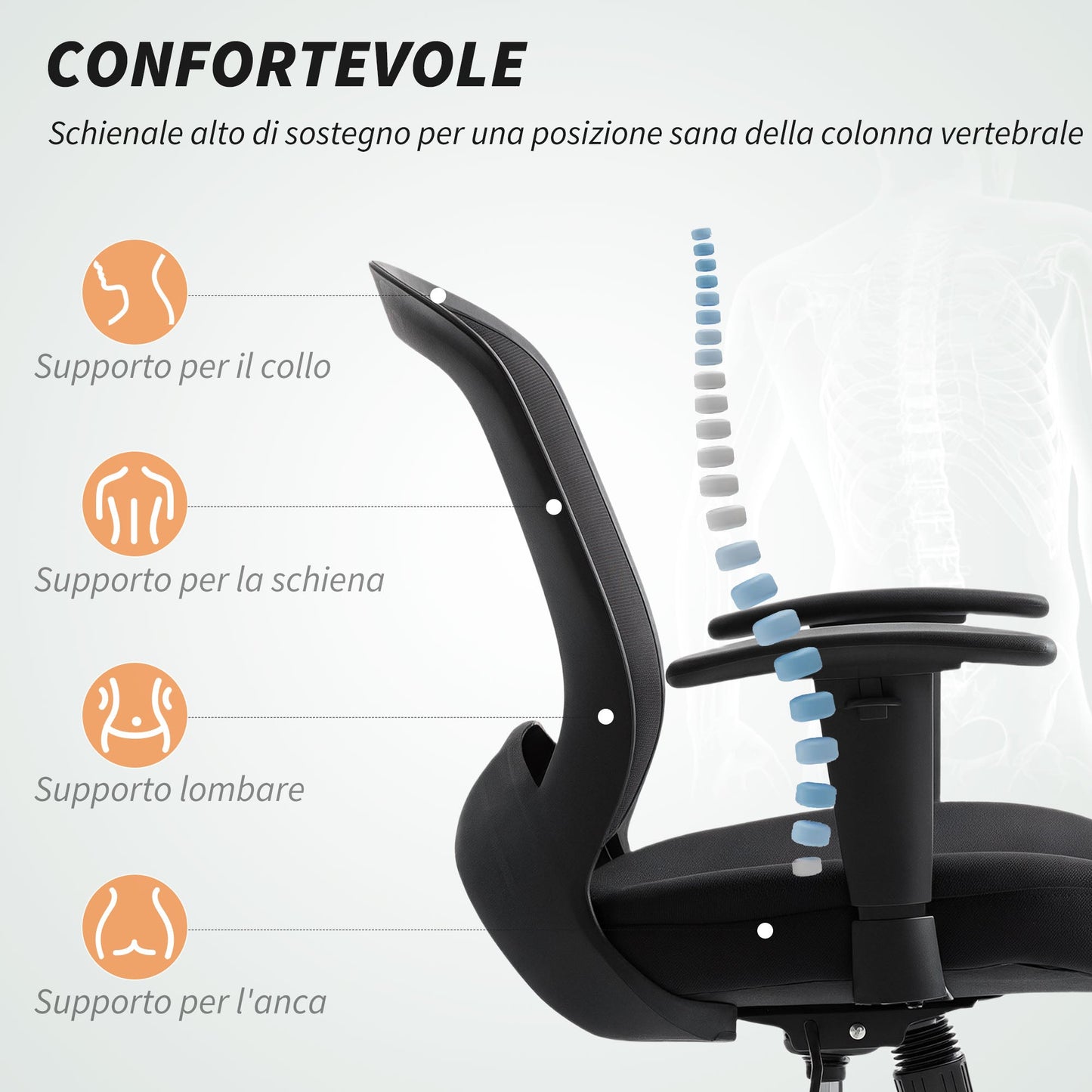 Breathable Mesh Office Chair, Height-Adjustable Reclining, 65 x 59 x 92.5-102.5 cm, Black