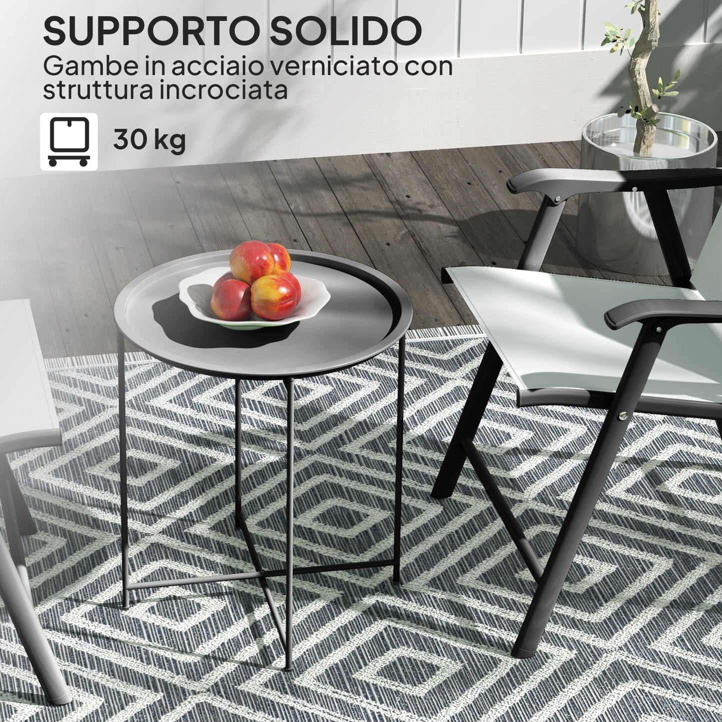Garden Coffee Table with Removable Tray and Folding Steel Legs, Ø46x50 cm, Black