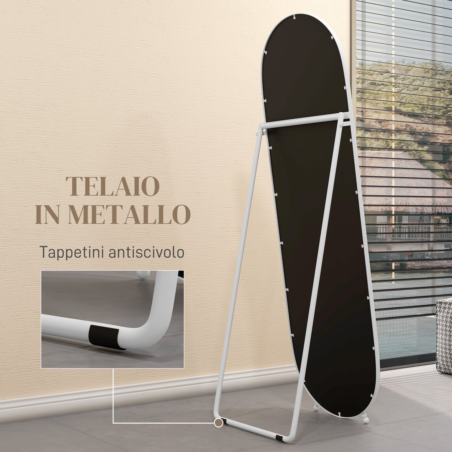 Full-Length Floor Mirror with Folding Stand, Glass and Metal, 40x41x159 cm, White