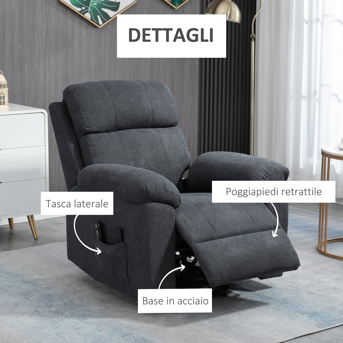 Lifting Armchair Reclining up to 135° with 8 Massage Points, Remote Control and Footrest 89x99x103 cm, Grey