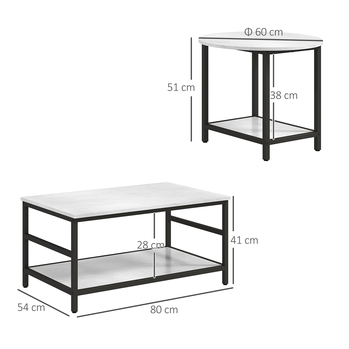 2-Tier Coffee Tables Set in Chipboard and Steel with Marble Effect Top, Black and White