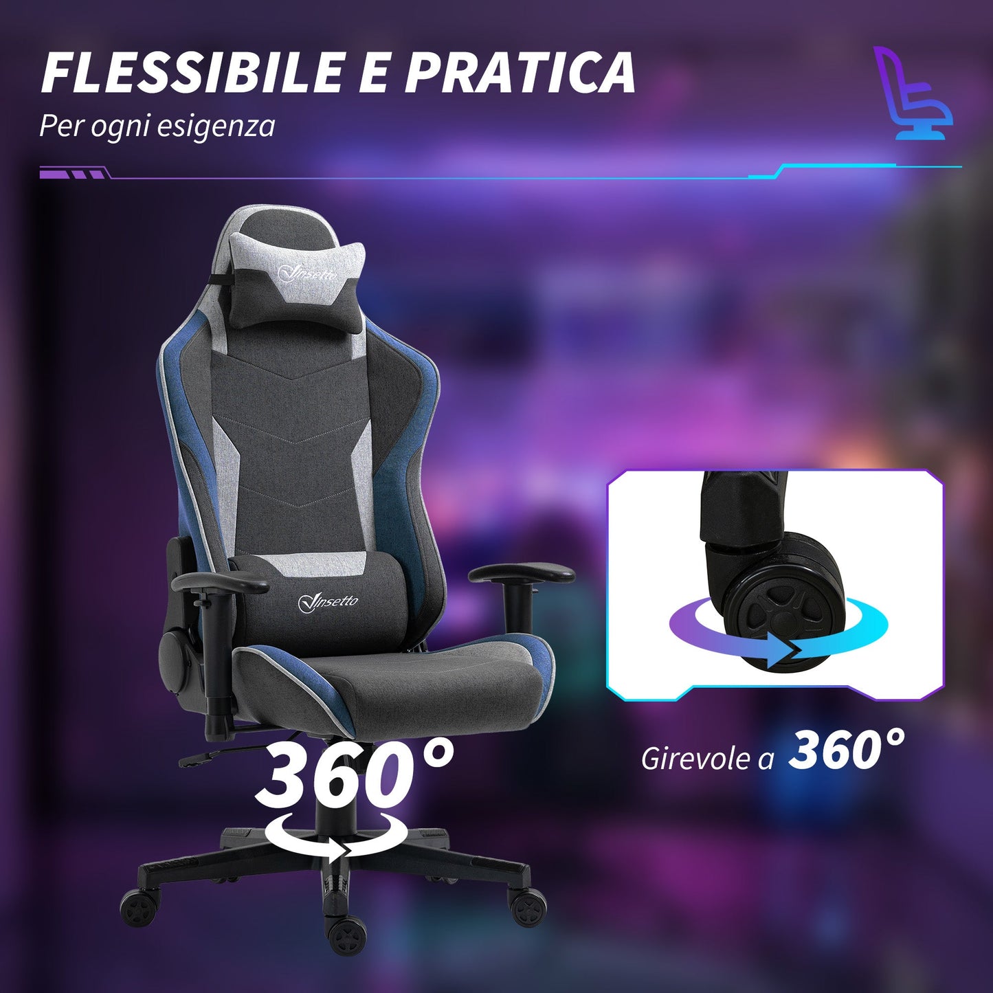 Gaming Chair, 150° Reclining with Rocking Function, in Linen Effect Fabric, 66x53x128-138 cm, Grey