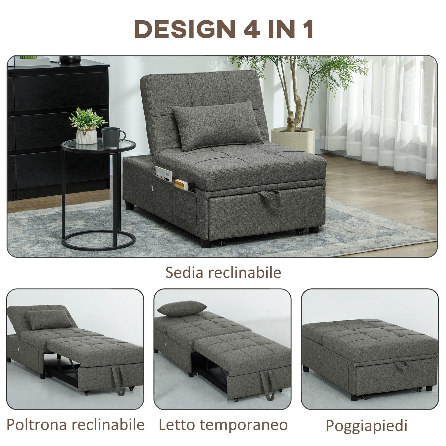 4 in 1 Sofa Bed Convertible into Chaise Longue and Footstool with Click Clack System, Grey