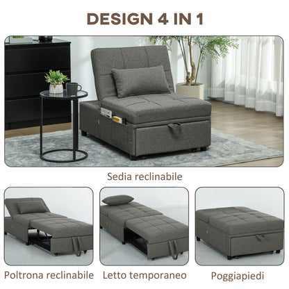 4 in 1 Sofa Bed Convertible into Chaise Longue and Footstool with Click Clack System, Grey
