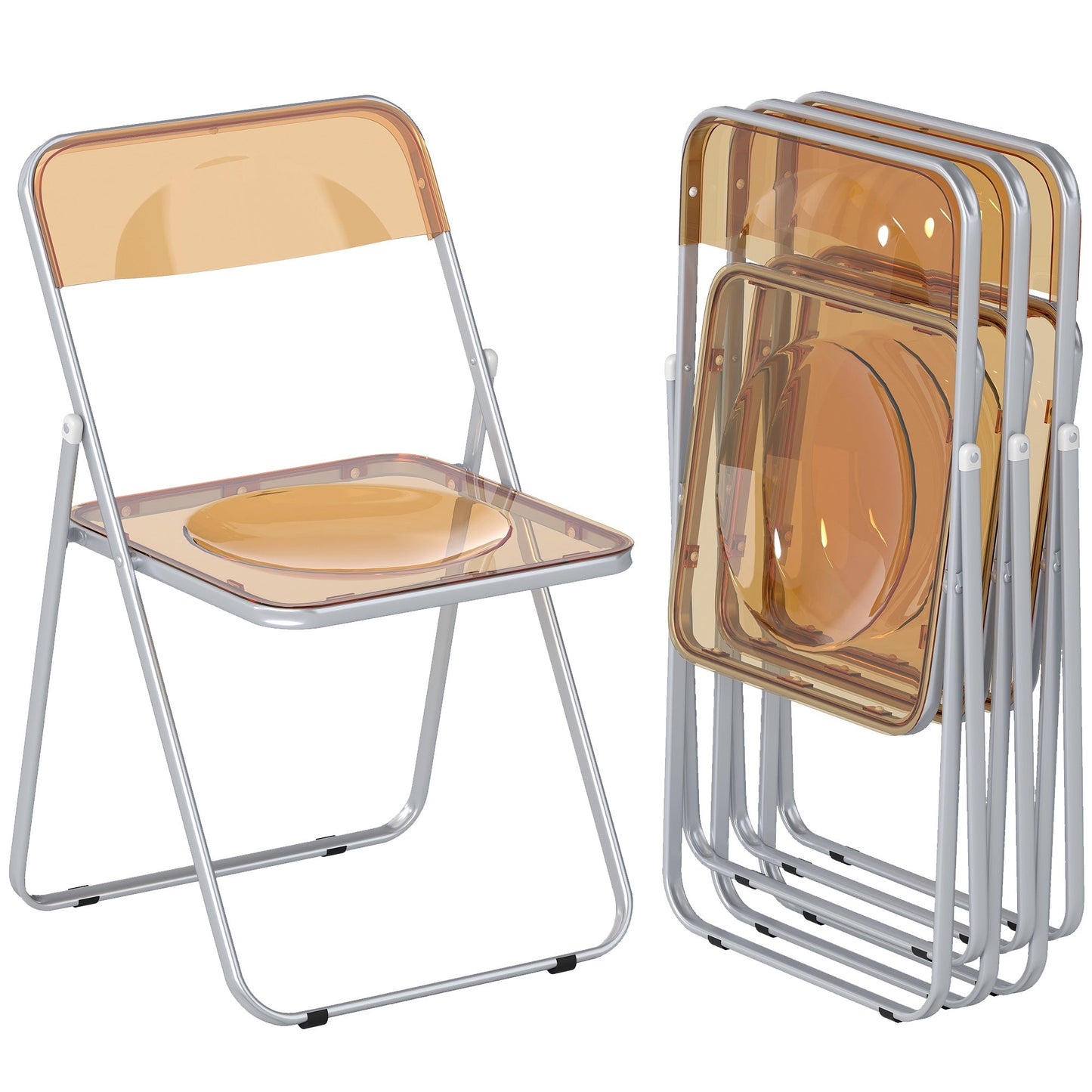 Set of 4 Space-Saving Folding Chairs for Living Room and Events, Steel and Acrylic, Orange