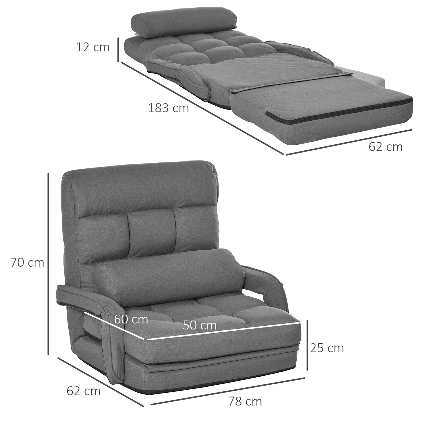 Single Sofa Bed with Cushion and 5-Level Reclining Backrest, 62x78x70 cm, Grey