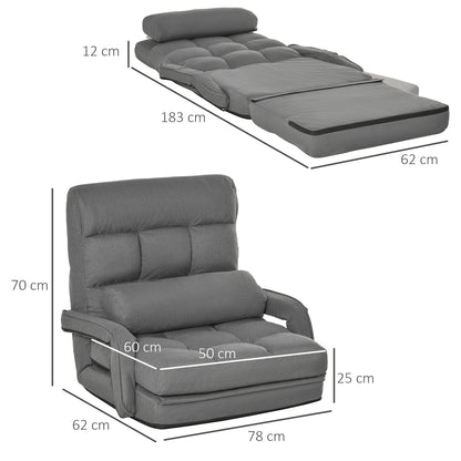 Single Sofa Bed with Cushion and 5-Level Reclining Backrest, 62x78x70 cm, Grey