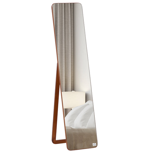 Floor and Wall Mirror with Wooden Frame, Folding Stand with Hinges, 37x43x156cm, Light Walnut