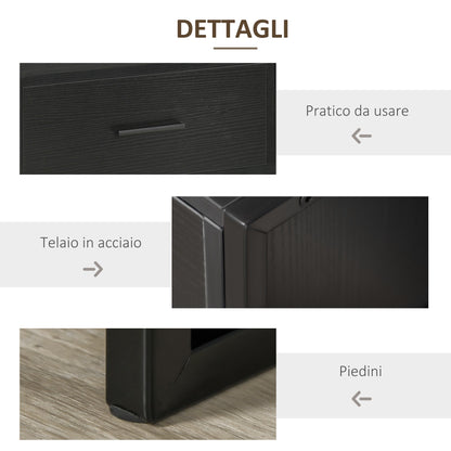 Modern bedside table set 2 pieces with drawer and open shelf, in mdf and steel, 45x40x60cm, black