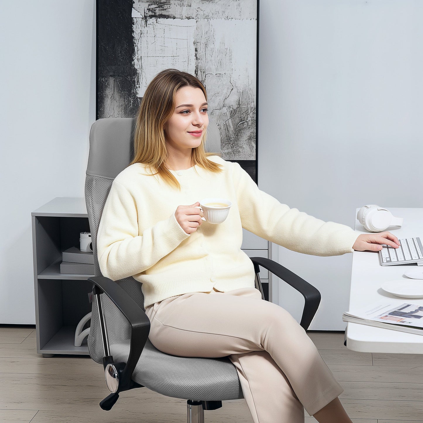 Ergonomic Swivel Office Chair, Height-Adjustable and Mesh Backrest, 63x65x109-119 cm, Light Grey