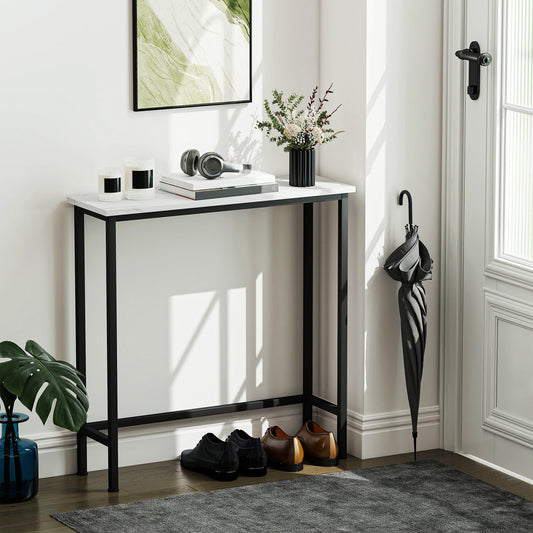 Entrance Console Table with Marble-Effect Top, in Wood and Steel, 75x24x76 cm, Black and White