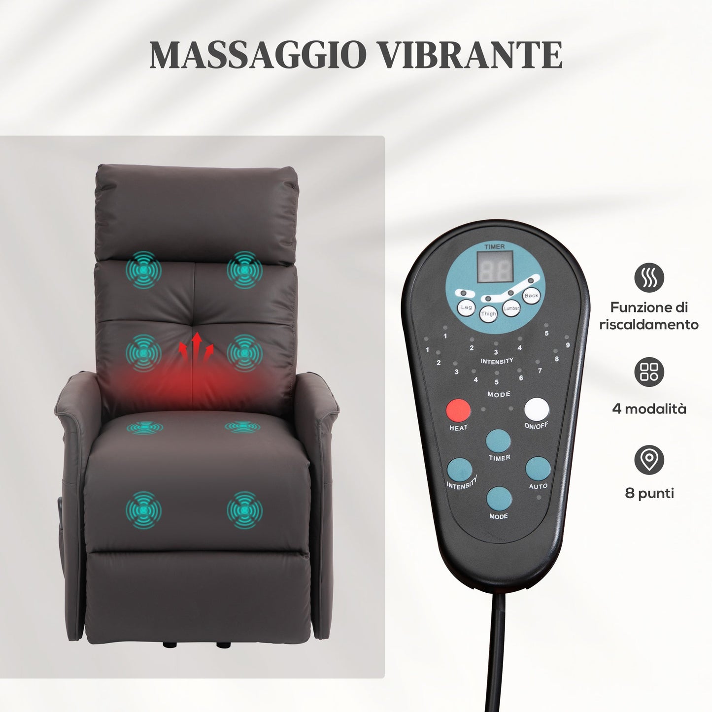 Lift and Recliner Relax Chair with 8 Massage Points and Heating, 2 Remote Controls, Brown