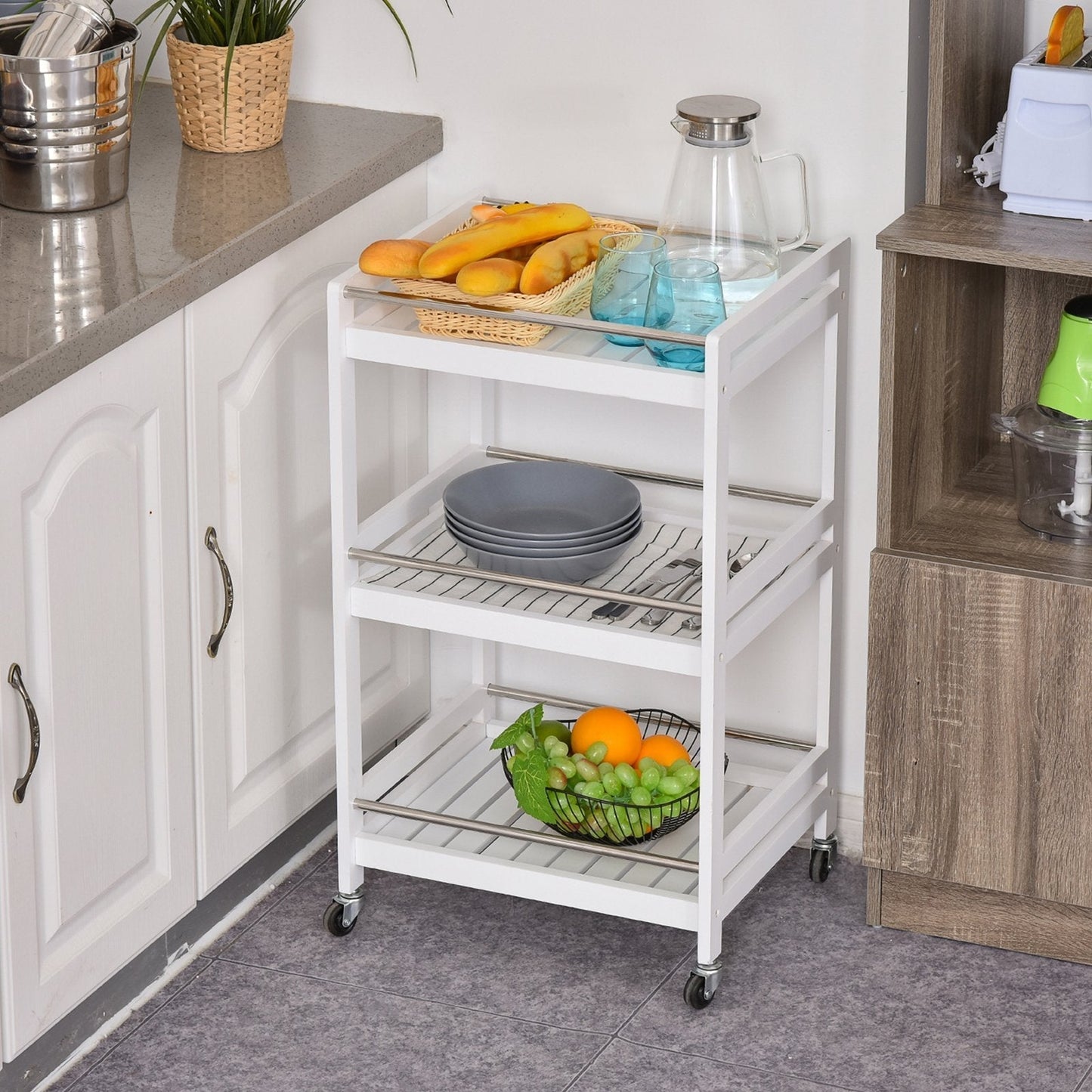 SPOON | Wooden Kitchen Trolley with 3 Shelves and Wheels, 45x38x78cm, White