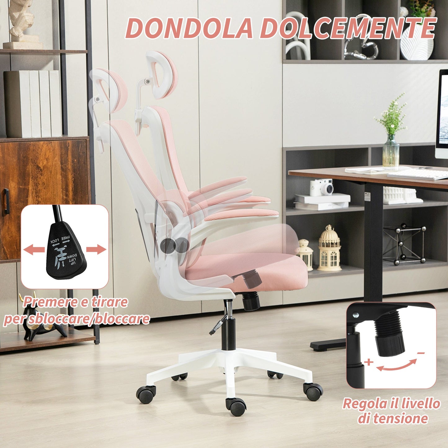 Adjustable and Reclining Office Chair with Removable Headrest, Mesh Fabric, 60x59x114-122 cm, Pink