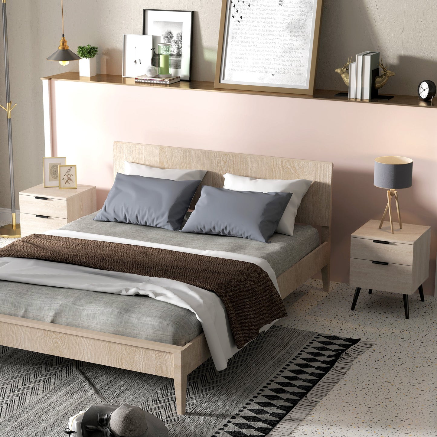 Set of 2 Nordic Style Bedside Tables with Drawer and Raised Base, Wooden, 40x40x50 cm, Oak Color