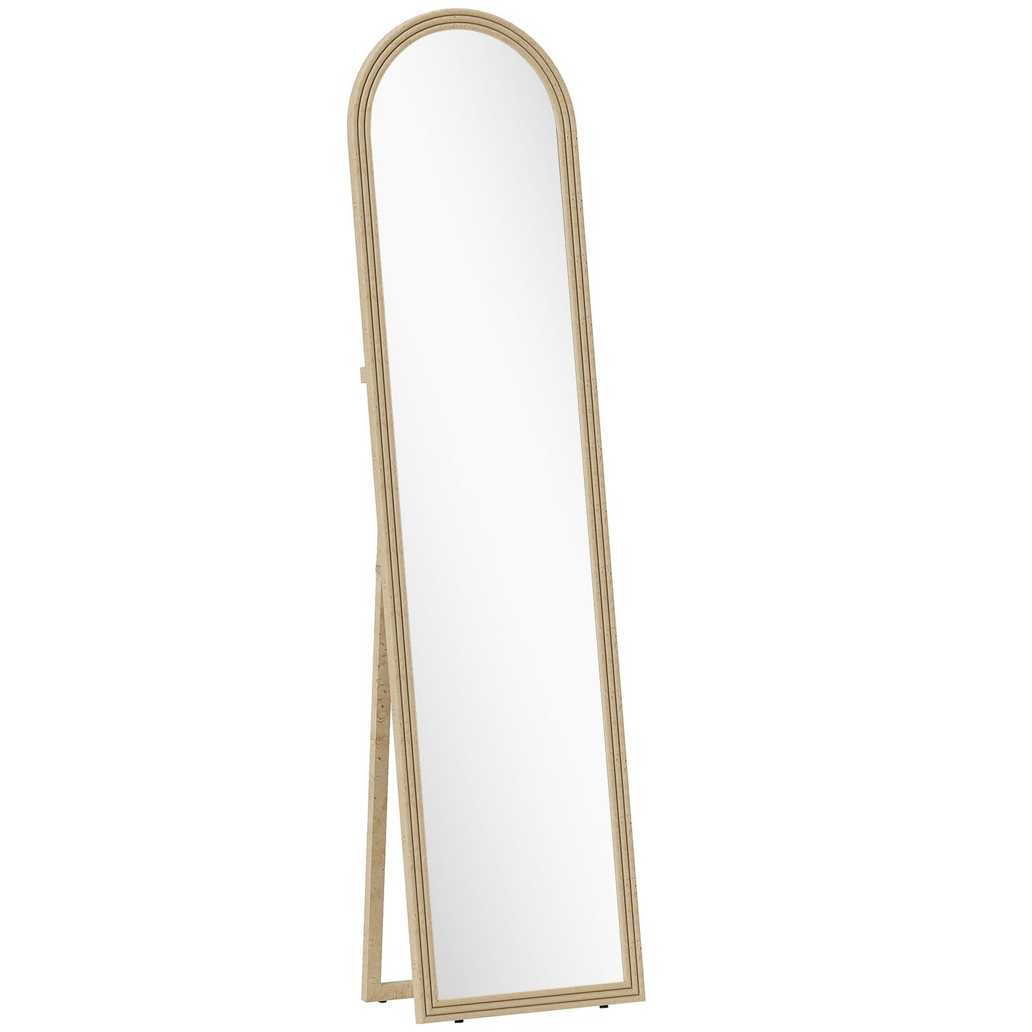 Full-Length Floor and Wall Mirror with Easel, Stone Effect and Arch Shape, 40x160 cm, Beige