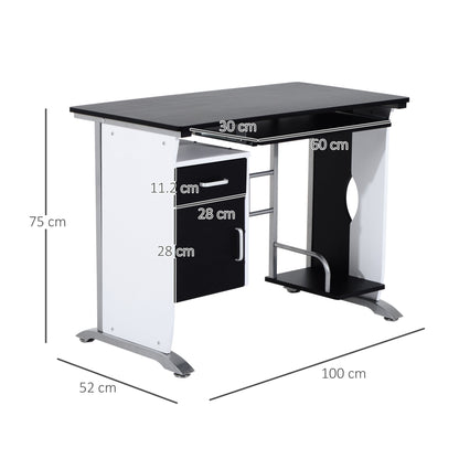 Computer Desk with Shelf, Drawer and Cabinet, in MDF and Iron, 100x52x75 cm, White and Black