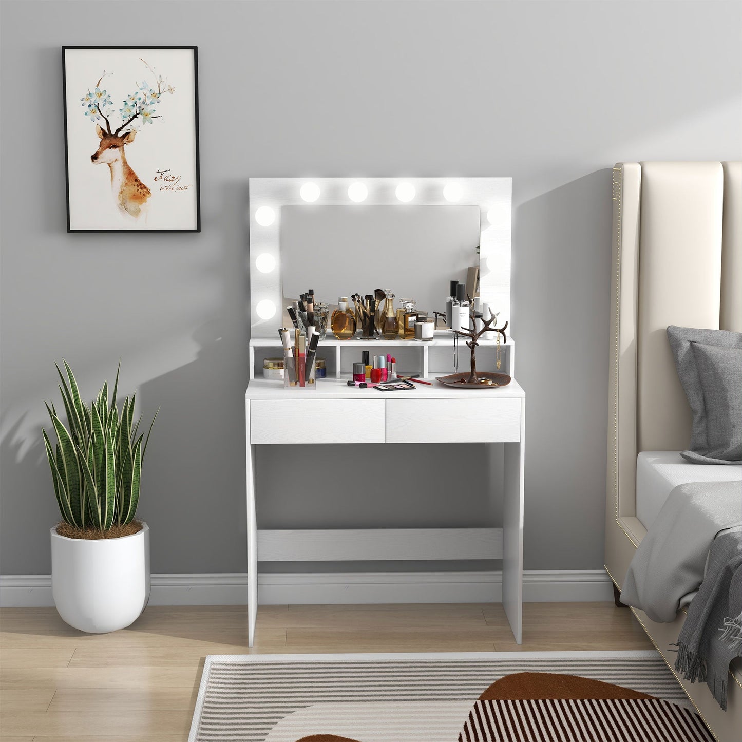 Dressing Table with Mirror and 10 Adjustable LED Lights, 2 Drawers and 3 Compartments, 80x40x135 cm, White