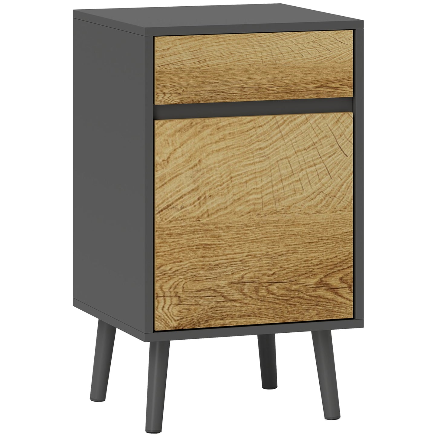Modern Handleless Nightstand with Drawer and Cabinet, 40x39x69 cm, Dark Grey and Wood