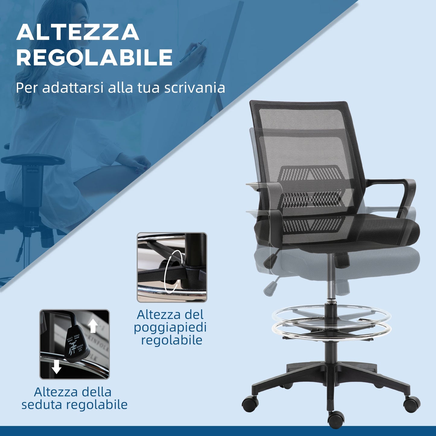 Adjustable Mesh Office Chair with Armrests and Footrest Ring, 64x59x104-124 cm, Black