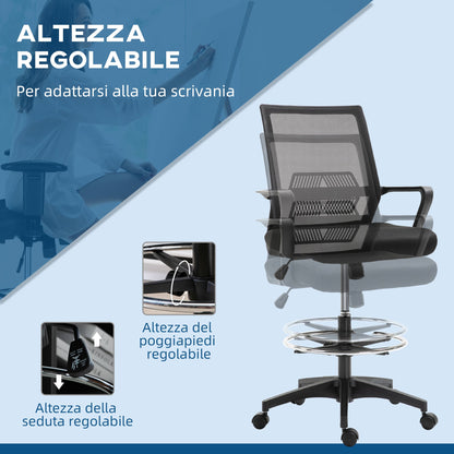 Adjustable Mesh Office Chair with Armrests and Footrest Ring, 64x59x104-124 cm, Black