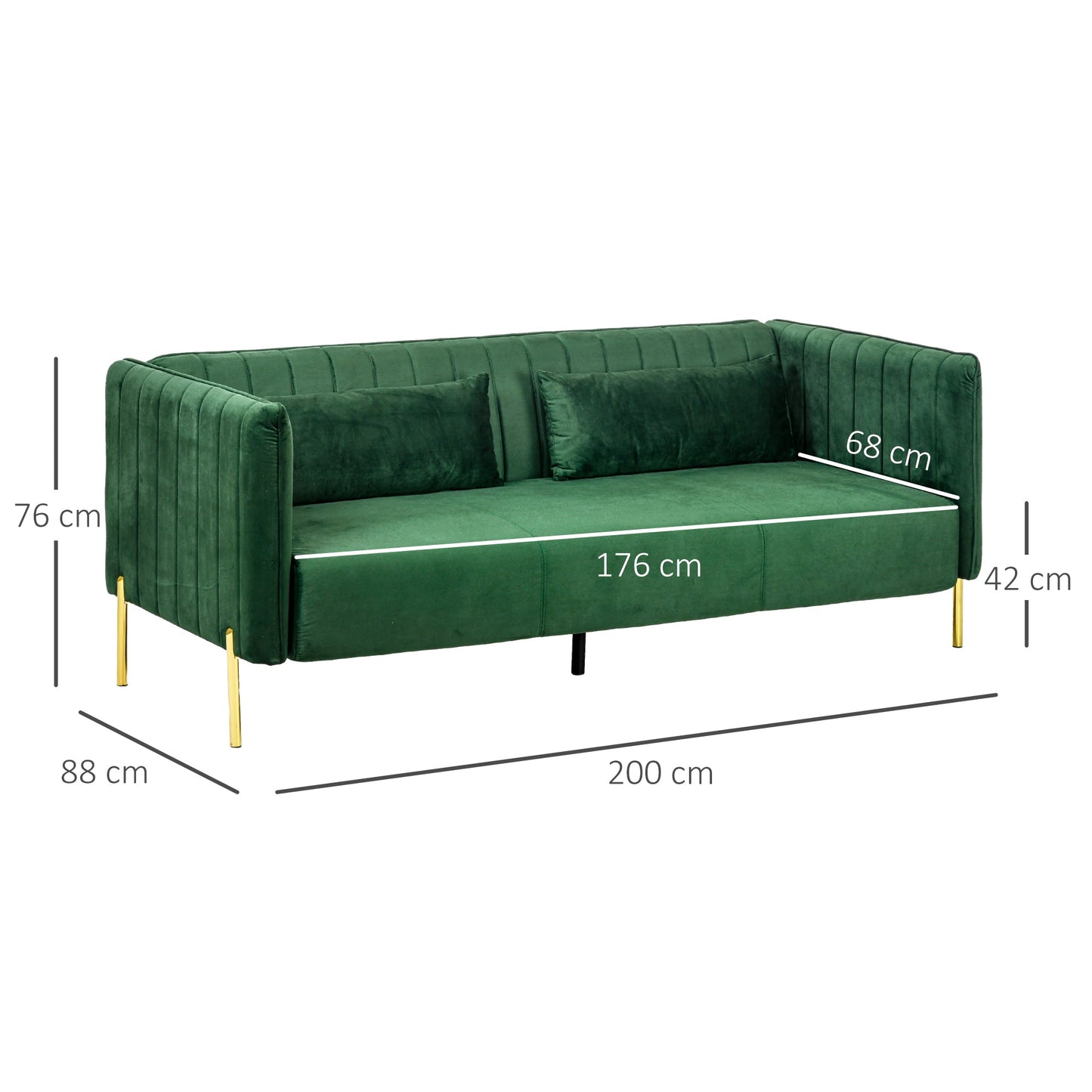 DELUX | Modern 3 Seater Sofa with Padded Cushions, Steel Legs and Velvet Fabric, 200x88x76 cm, Green
