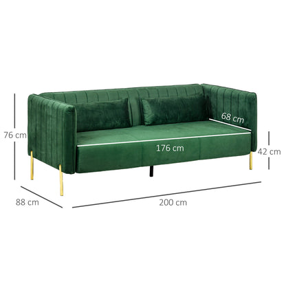 DELUX | Modern 3 Seater Sofa with Padded Cushions, Steel Legs and Velvet Fabric, 200x88x76 cm, Green