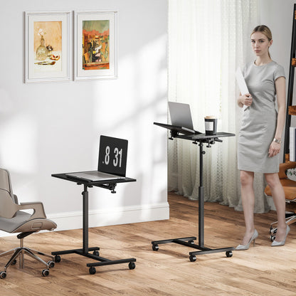 C-Shaped Sofa Table with Lockable Wheels and Tiltable Top, Black